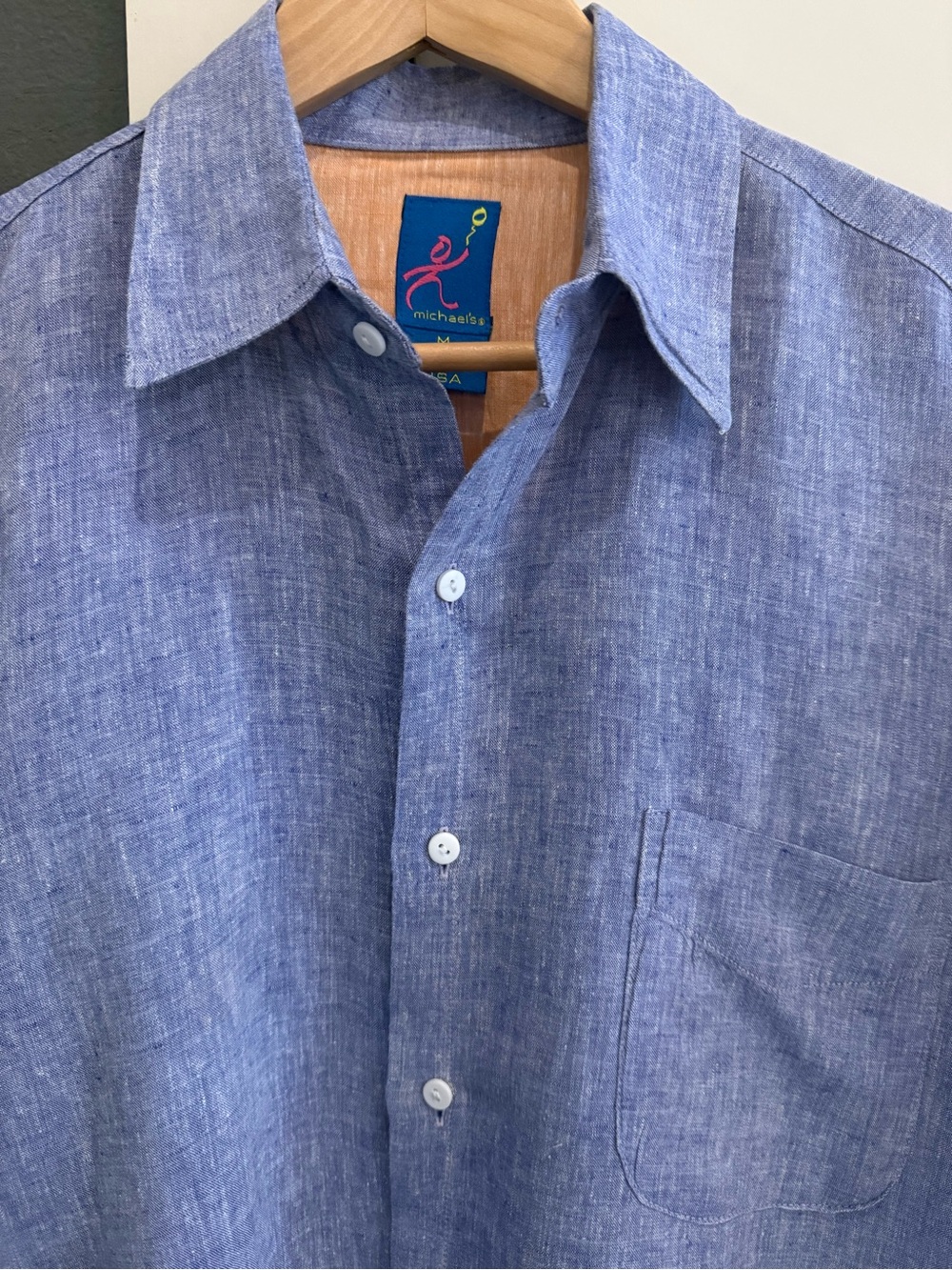Michaels slub ,blue linen blend shirt fabrication